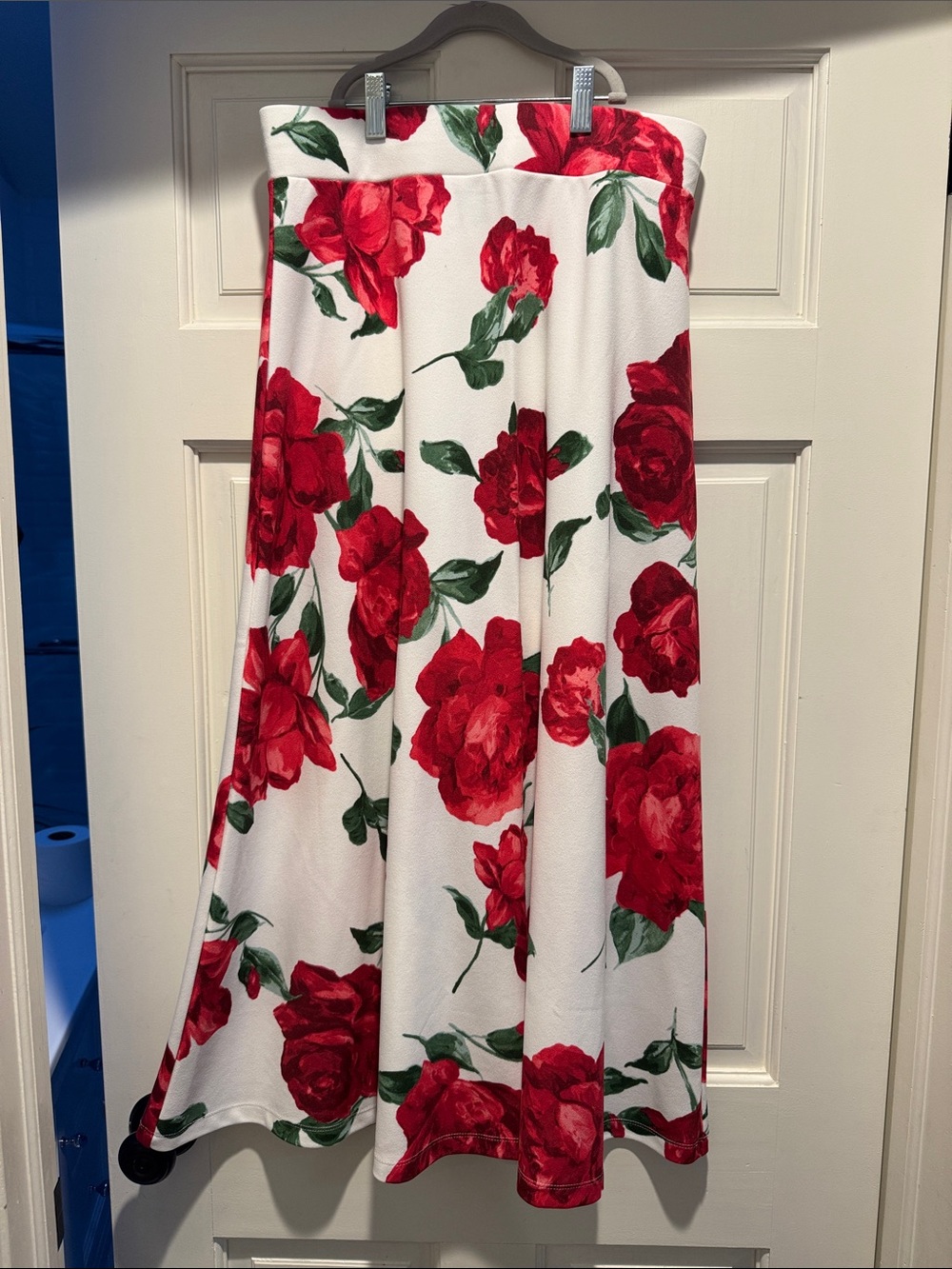 Floral A-Line Maxi Skirt - White with Red Rose Print